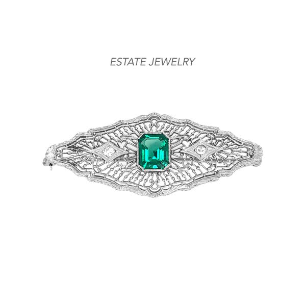 Estate 14K White Gold Filligree Pin/Brooch with Emerald & Synthetic Diamond Accents Raleigh Diamond Fine Jewelry Raleigh, NC