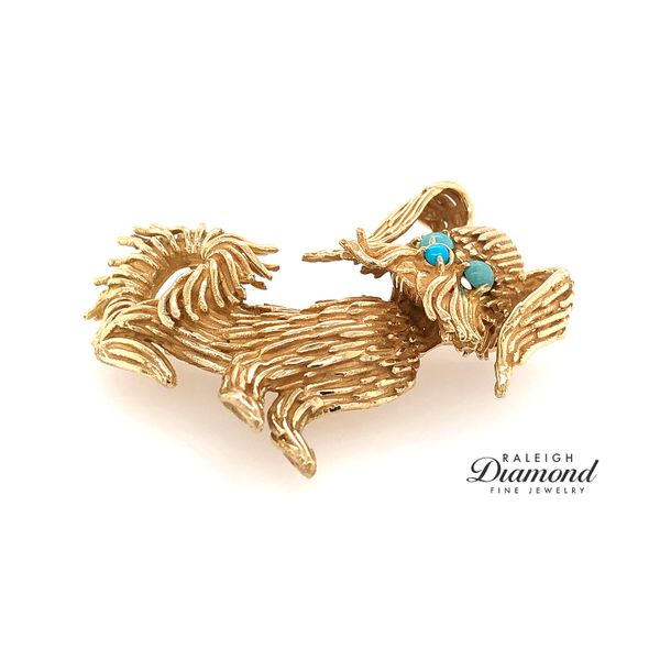 Estate 14K Yellow Gold Fluffy Dog Pin with Turquoise Image 2 Raleigh Diamond Fine Jewelry Raleigh, NC