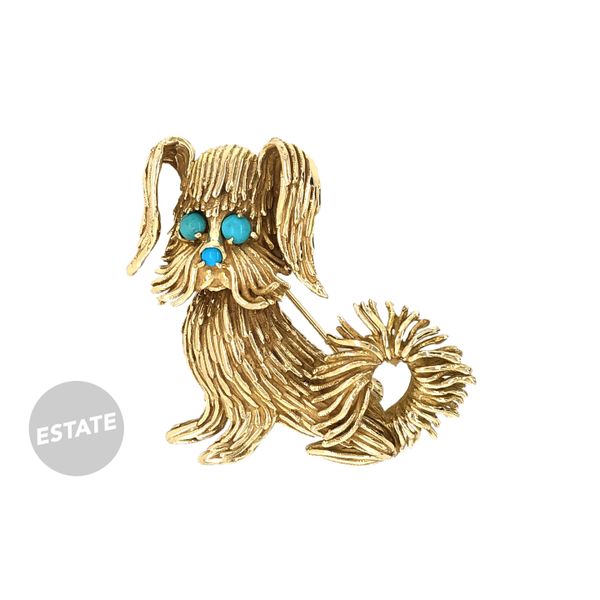 Estate 14K Yellow Gold Fluffy Dog Pin with Turquoise Raleigh Diamond Fine Jewelry Raleigh, NC