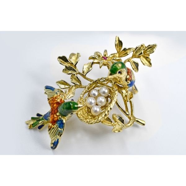 Estate 18K Yellow Gold Birds in Nest Enamel Pin with Pearls & Rubies Image 2 Raleigh Diamond Fine Jewelry Raleigh, NC