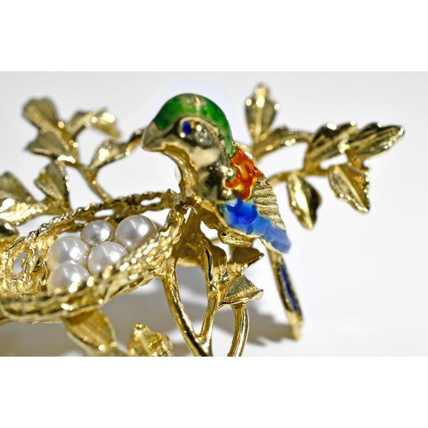 Estate 18K Yellow Gold Birds in Nest Enamel Pin with Pearls & Rubies Image 3 Raleigh Diamond Fine Jewelry Raleigh, NC