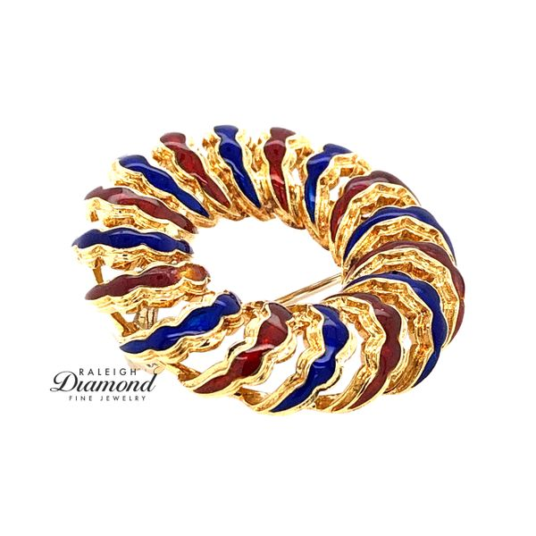 Estate 18K Yellow Gold Wreath Pin with Red & Blue Enamel - Italy Image 3 Raleigh Diamond Fine Jewelry Raleigh, NC