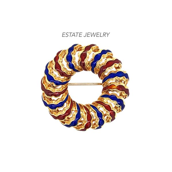 Estate 18K Yellow Gold Wreath Pin with Red & Blue Enamel - Italy Raleigh Diamond Fine Jewelry Raleigh, NC