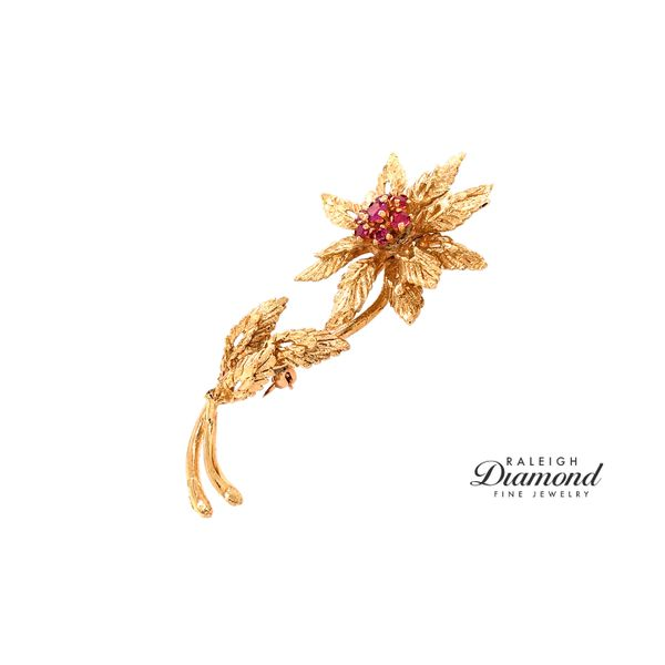 Estate 14K Yellow Gold Flower Pin with Pink Sapphires Image 2 Raleigh Diamond Fine Jewelry Raleigh, NC