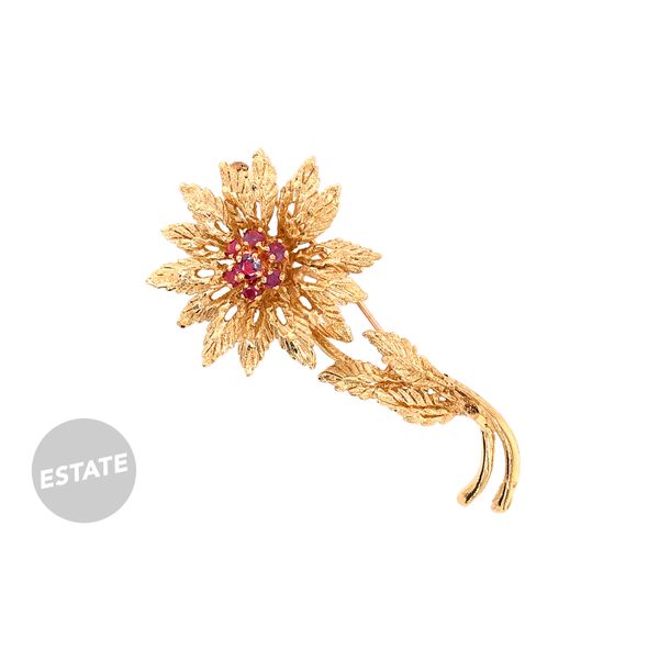 Estate 14K Yellow Gold Flower Pin with Pink Sapphires Raleigh Diamond Fine Jewelry Raleigh, NC