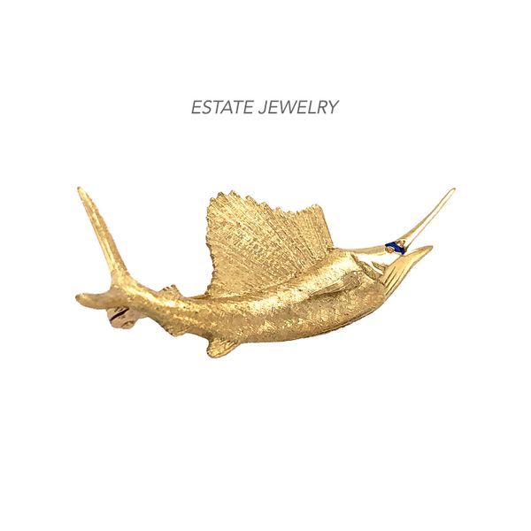 Estate 18K Yellow Gold Swordfish Pin with Blue Sapphire Accent Raleigh Diamond Fine Jewelry Raleigh, NC