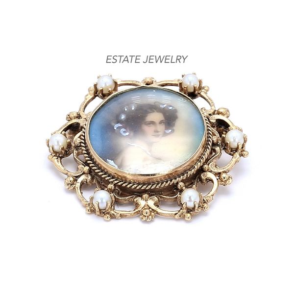 Estate 14K Yellow Gold Vintage Woman Portrait Framed with Pearls Raleigh Diamond Fine Jewelry Raleigh, NC
