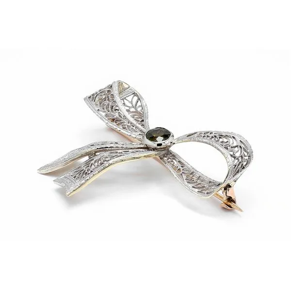 Estate 14K 2-Tone Bow Brooch with Center Gemstone Image 2 Raleigh Diamond Fine Jewelry Raleigh, NC