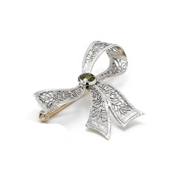 Estate 14K 2-Tone Bow Brooch with Center Gemstone Image 3 Raleigh Diamond Fine Jewelry Raleigh, NC