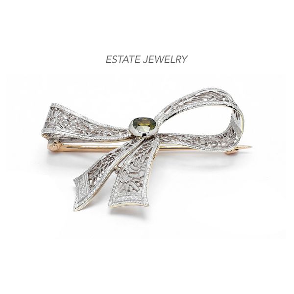Estate 14K 2-Tone Bow Brooch with Center Gemstone Raleigh Diamond Fine Jewelry Raleigh, NC