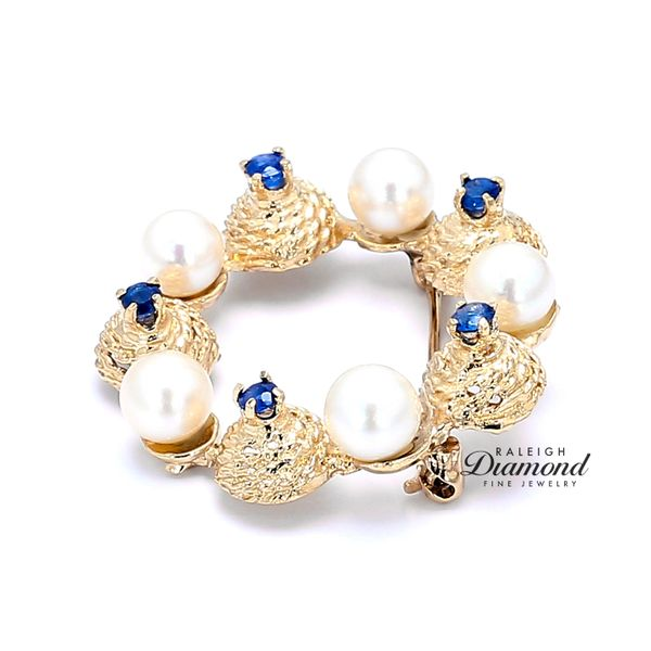 Estate 14K Yellow Gold Wreath Brooch with Pearls & Sapphires Image 2 Raleigh Diamond Fine Jewelry Raleigh, NC