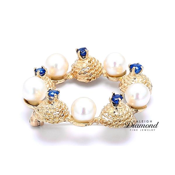 Estate 14K Yellow Gold Wreath Brooch with Pearls & Sapphires Image 3 Raleigh Diamond Fine Jewelry Raleigh, NC