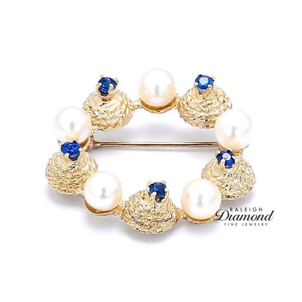 Estate 14K Yellow Gold Wreath Brooch with Pearls & Sapphires Raleigh Diamond Fine Jewelry Raleigh, NC