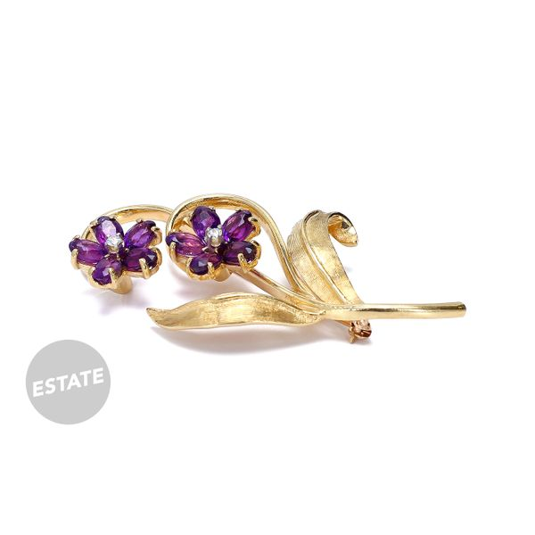 Estate 14K Yellow Gold Floral Brooch with Amethyst and Diamond Accents Raleigh Diamond Fine Jewelry Raleigh, NC