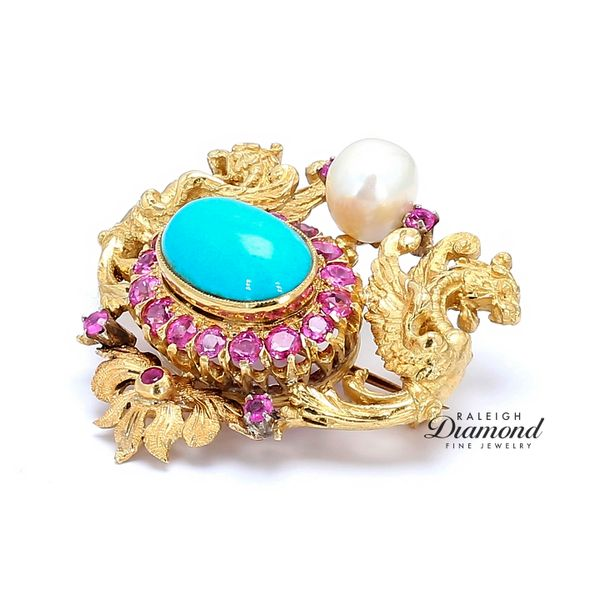 Estate 18K Yellow Gold Victorian Brooch with Turquoise Pink Sapphires & Pearl Image 2 Raleigh Diamond Fine Jewelry Raleigh, NC