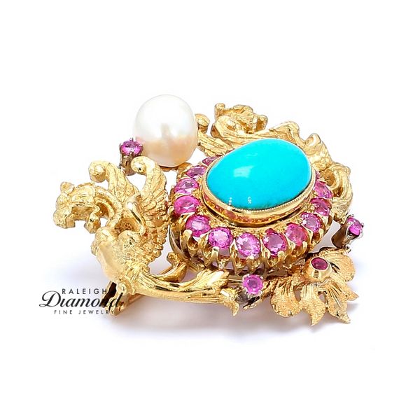 Estate 18K Yellow Gold Victorian Brooch with Turquoise Pink Sapphires & Pearl Image 3 Raleigh Diamond Fine Jewelry Raleigh, NC