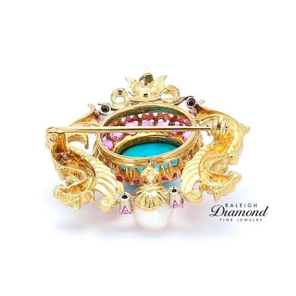 Estate 18K Yellow Gold Victorian Brooch with Turquoise Pink Sapphires & Pearl Image 4 Raleigh Diamond Fine Jewelry Raleigh, NC