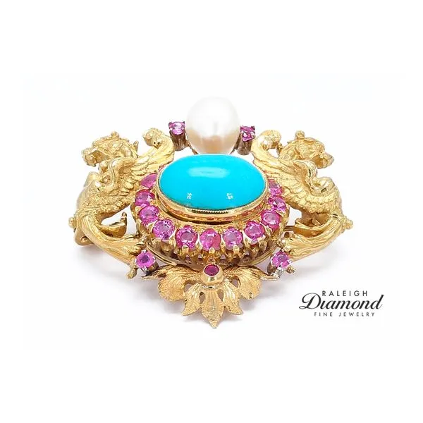 Estate 18K Yellow Gold Victorian Brooch with Turquoise Pink Sapphires & Pearl Raleigh Diamond Fine Jewelry Raleigh, NC