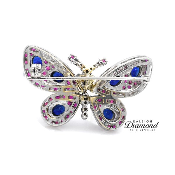 Estate Le Vian 18K White Gold Butterfly Brooch with Rubies Sapphires & Diamonds Image 2 Raleigh Diamond Fine Jewelry Raleigh, NC