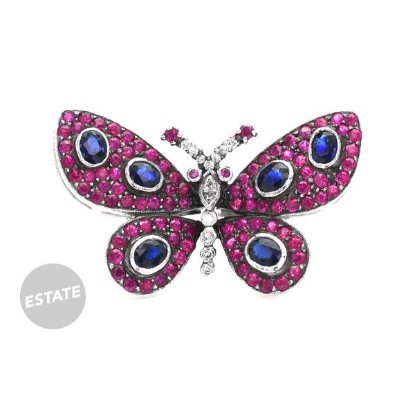Estate Le Vian 18K White Gold Butterfly Brooch with Rubies Sapphires & Diamonds Raleigh Diamond Fine Jewelry Raleigh, NC