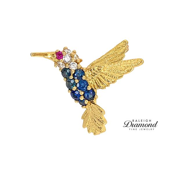 Estate 18K Yellow Gold Hummingbird Brooch with Diamonds Rubies & Sapphires Raleigh Diamond Fine Jewelry Raleigh, NC