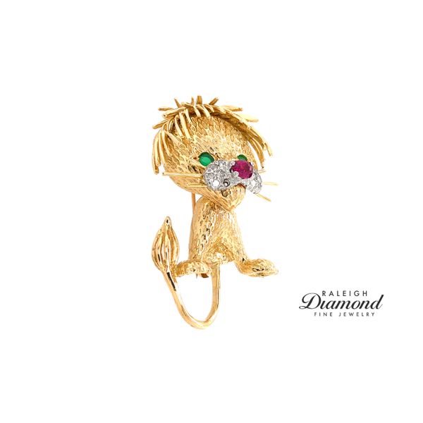 Estate 14K Yellow Gold Lion Brooch with Rubies Emeralds & Diamonds Image 2 Raleigh Diamond Fine Jewelry Raleigh, NC