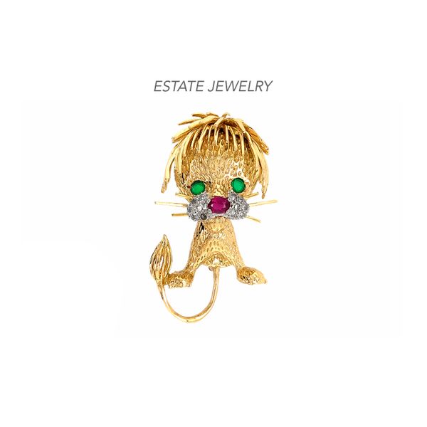 Estate 14K Yellow Gold Lion Brooch with Rubies Emeralds & Diamonds Raleigh Diamond Fine Jewelry Raleigh, NC