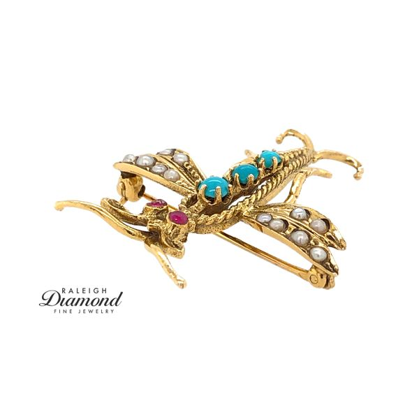 Estate 14K Yellow Gold Dragonfly Brooch with Pearls Turquoises & Rubies Image 2 Raleigh Diamond Fine Jewelry Raleigh, NC