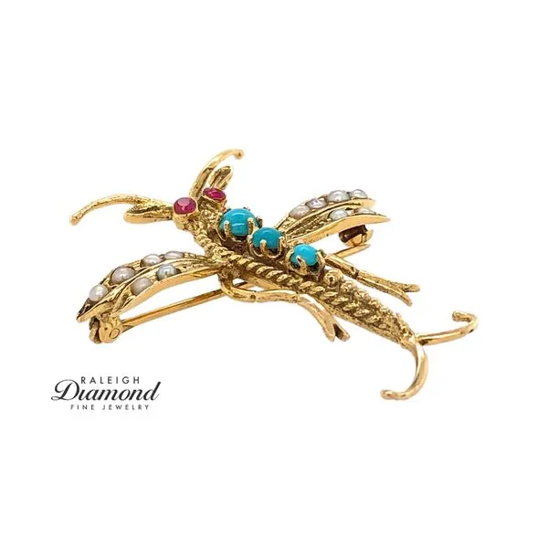 Estate 14K Yellow Gold Dragonfly Brooch with Pearls Turquoises & Rubies Image 3 Raleigh Diamond Fine Jewelry Raleigh, NC
