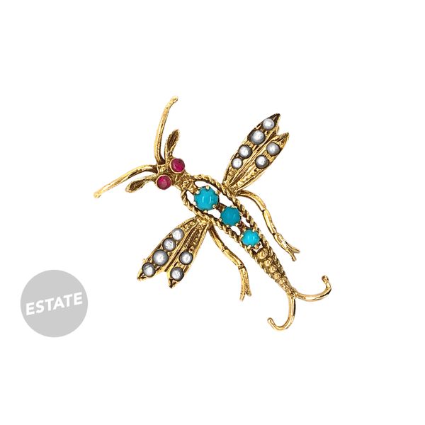 Estate 14K Yellow Gold Dragonfly Brooch with Pearls Turquoises & Rubies Raleigh Diamond Fine Jewelry Raleigh, NC