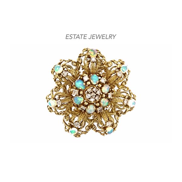 Estate 14K Yellow Gold Opal & Diamond Floral Brooch Raleigh Diamond Fine Jewelry Raleigh, NC