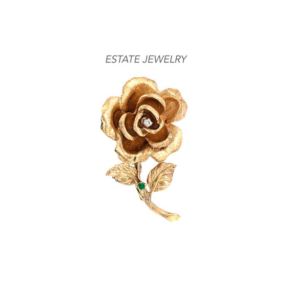 Estate 14K Yellow Gold Rose Brooch with Diamond & Emerald Raleigh Diamond Fine Jewelry Raleigh, NC