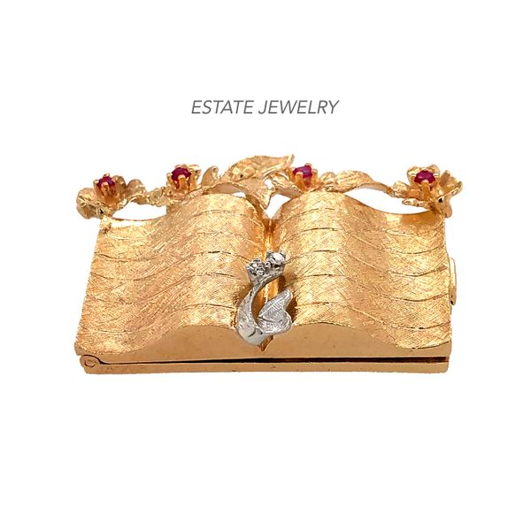 Estate 14K Two-Tone  Open Book Flowers Locket with Rubies & Diamonds Raleigh Diamond Fine Jewelry Raleigh, NC