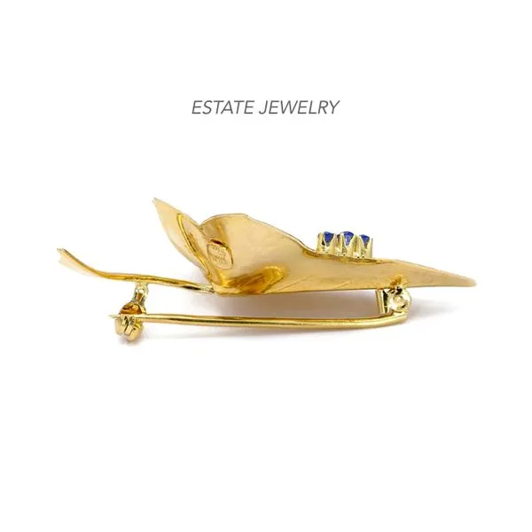 Estate 18K Yellow Gold Leaf Brooch with Blue Sapphires Image 2 Raleigh Diamond Fine Jewelry Raleigh, NC