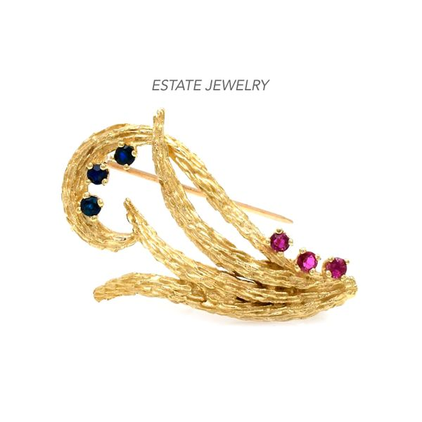 Estate 14K Yellow Gold Engraved Flower Spray Brooch with Ruby and Sapphire Raleigh Diamond Fine Jewelry Raleigh, NC
