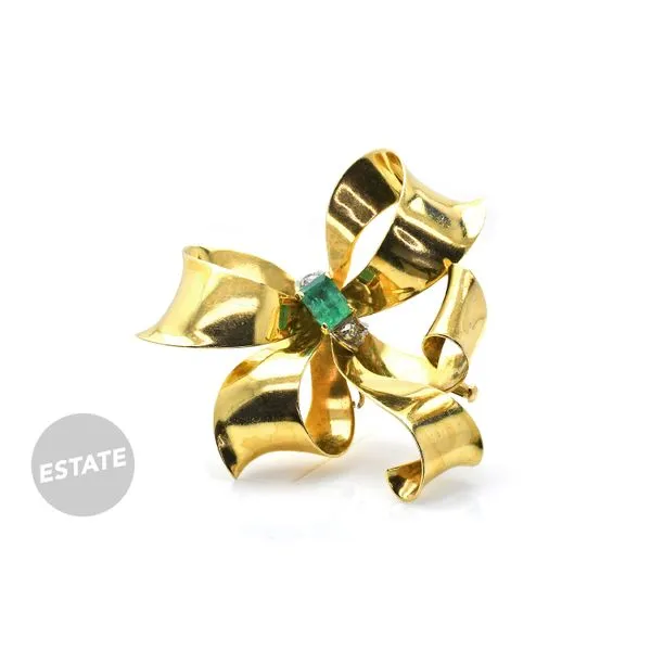 Estate 18K Yellow Gold 1.33ctw Bow Brooch with Emerald & Diamonds Raleigh Diamond Fine Jewelry Raleigh, NC