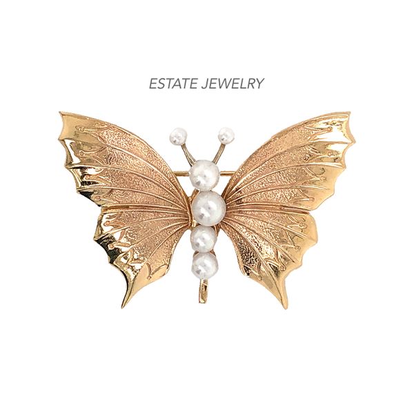 Estate 14K Yellow Gold Butterfly Brooch with Pearls Raleigh Diamond Fine Jewelry Raleigh, NC