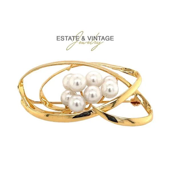 Estate 14K Yellow Gold Freeform Art Ribbon Style Pendant with Pearls Raleigh Diamond Fine Jewelry Raleigh, NC