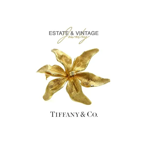 Estate Tiffany & Co. 14K Yellow Gold Flower Brooch Raleigh Diamond Fine Jewelry Raleigh, NC