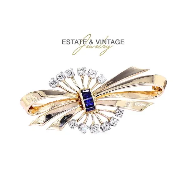 Estate 14K Yellow Gold 1.20ctw F-G/VS1-SI1 Sapphire & Diamond Ribbon Brooch Raleigh Diamond Fine Jewelry Raleigh, NC