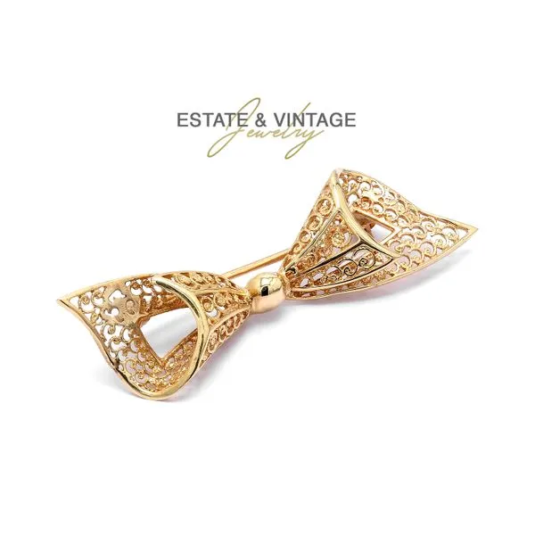 Estate 14K Yellow Gold Filigree Bow Brooch Pin Raleigh Diamond Fine Jewelry Raleigh, NC