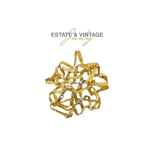 Estate 14K Yellow Gold Vintage Tangled Ribbon Brooch Pin with Diamonds Raleigh Diamond Fine Jewelry Raleigh, NC
