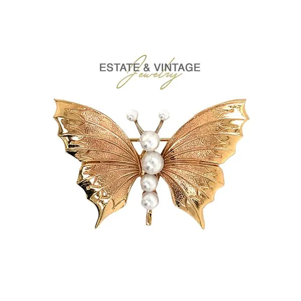 Estate 14K Yellow Gold Butterfly Brooch Pin with Pearls Raleigh Diamond Fine Jewelry Raleigh, NC