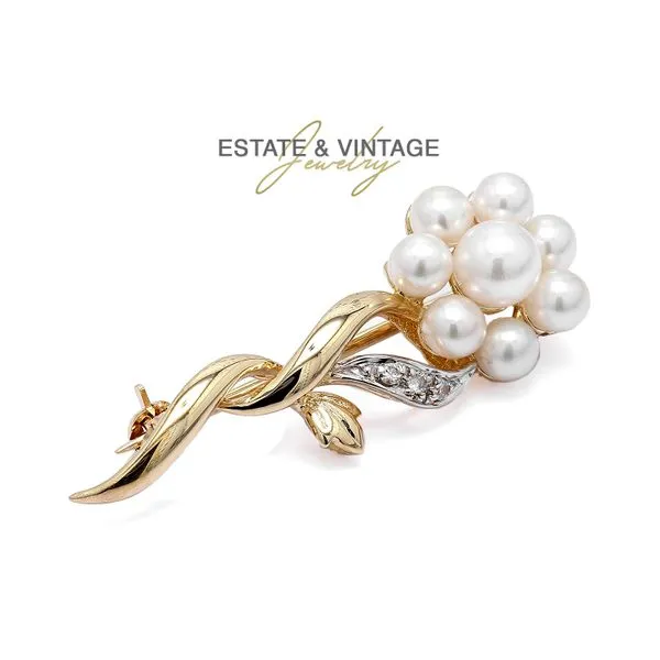 Estate 14K Yellow Gold 0.02ctw Diamond Pearl Daisy Flower Brooch Pin Raleigh Diamond Fine Jewelry Raleigh, NC