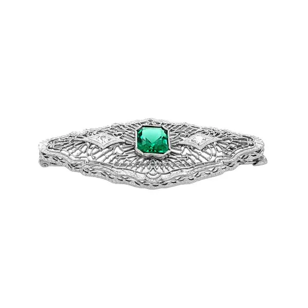 Estate 14K White Gold Filligree Brooch Pin with Emerald & Synthetic Diamond Accents Image 2 Raleigh Diamond Fine Jewelry Raleigh, NC