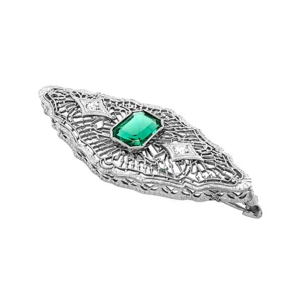 Estate 14K White Gold Filligree Brooch Pin with Emerald & Synthetic Diamond Accents Image 3 Raleigh Diamond Fine Jewelry Raleigh, NC