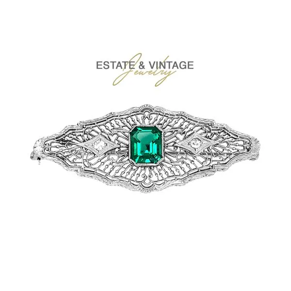 Estate 14K White Gold Filligree Brooch Pin with Emerald & Synthetic Diamond Accents Raleigh Diamond Fine Jewelry Raleigh, NC