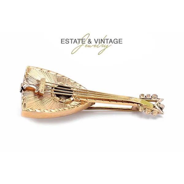 Estate 14K Yellow Gold Engraved Mandolin Musical Instrument Brooch Pin Raleigh Diamond Fine Jewelry Raleigh, NC