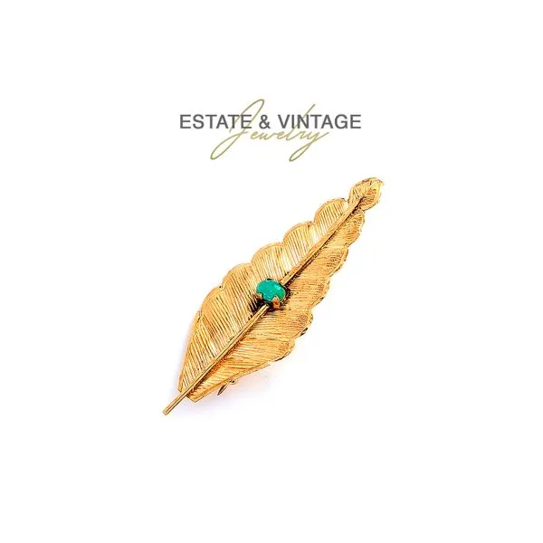 Estate 12K Yellow Gold Large Leaf with Jade Accents Brooch Pin Raleigh Diamond Fine Jewelry Raleigh, NC