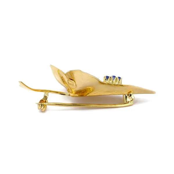 Estate 18K Yellow Gold Leaf Brooch Pin with Blue Sapphires Image 2 Raleigh Diamond Fine Jewelry Raleigh, NC